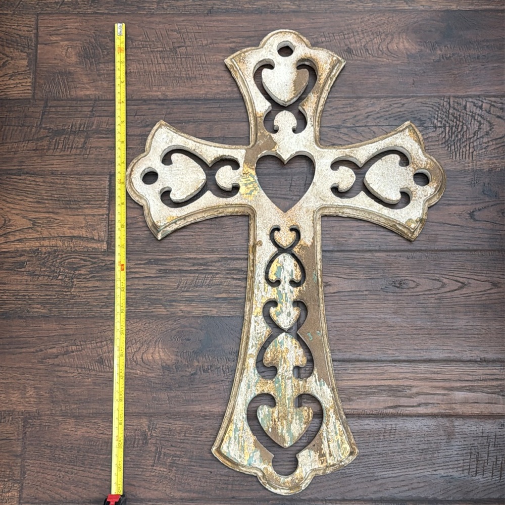 Rustic Wooden Cross with hints of cream, brown, gold and turquoise - Picture 4 of 8